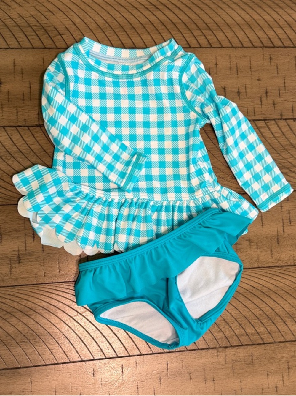 Ruffle Butts Aqua and White Gingham Long-Sleeve Rashguard Set